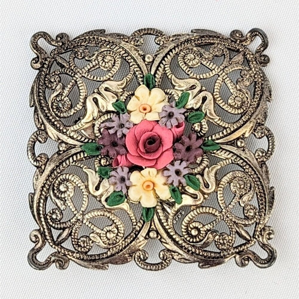 Victorian Ornate Pink Flower Brooch Silver Filigree Vintage Gilded Age Sash Pin